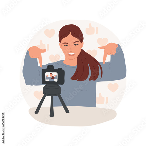 Like and subscribe isolated cartoon vector illustration. Teenage blogger girl recording video vlog for her channel, calling to subscribe, digital lifestyle, content creation vector cartoon.