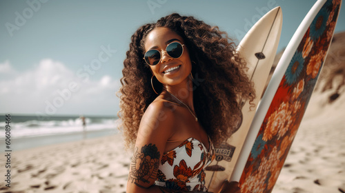 Photo African American woman wearing a bikini in a beach setting - generative AI, AI g