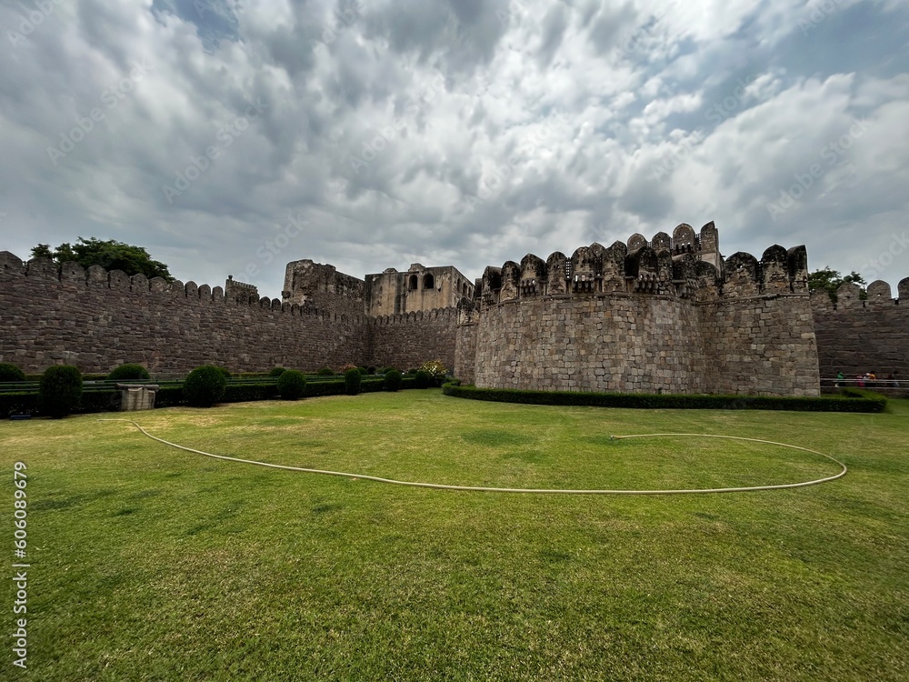 Majestic front Walls of Golconda Fort from Hyderabad, India