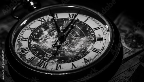 Antique clock face, black and white still life generated by AI