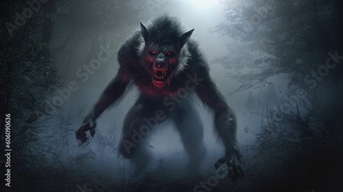 Fotografie, Obraz Sinister werewolf with red eyes in gloomy night forest shrouded in mist, full bo