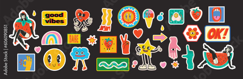 Groovy hippie love sticker character. Comic happy mushroom  hot dog and cloud character with wings in trendy retro 60s 70s cartoon style. Vintage isolated vector illustration.