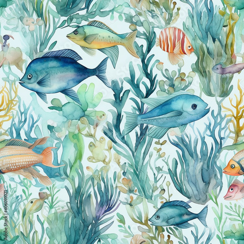 sea life seamless pattern  watercolor style illustration  generative ai