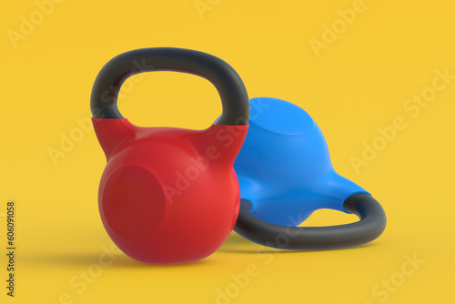 Kettlebells on yellow background. Sports equipment. Powerlifting training. Workout exercises. Healthy lifestyle. 3d render