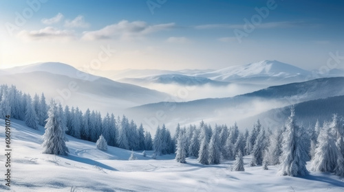 a beautiful winter landscape with snow-capped mountains and fantastic weather with a blue sky. Generative AI © jr-art