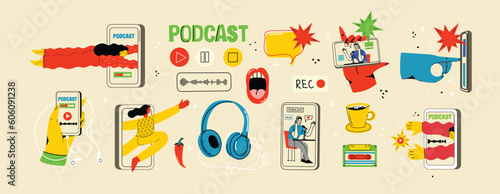 Concept of watching podcast, video online, talk show, tv application, live streaming. Hand holding smartphone with man with microphone on screen. Vector illustration in flat style