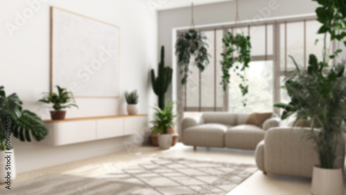 Blurred background, love for plants concept. Minimal modern living room interior design. Parquet, sofa and many house plants. Urban jungle idea © ArchiVIZ