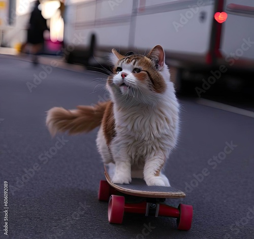 
Cat rides a skateboard through the streets photo