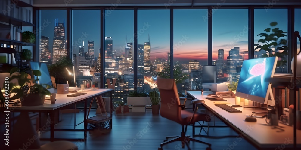 Blurred office workspace in the evening , interior workplace with cityscape for business presentation background. Generative AI Blurred office workspace in the evening , interior workplace with cityscape for business presentation background. Generative AI