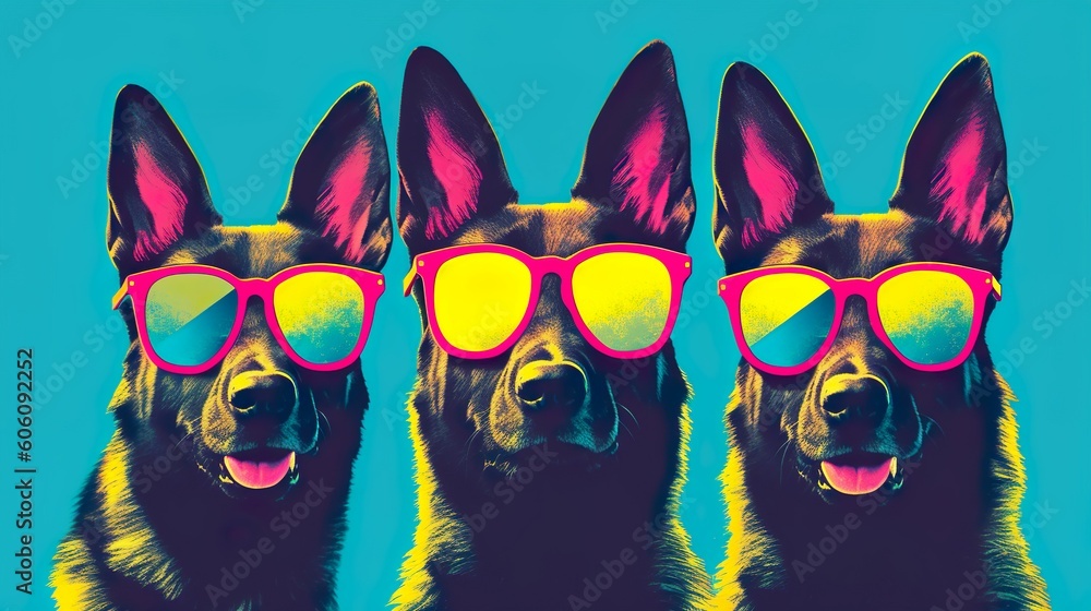 Three german sheperds with glasses with pop art style made with Ai generative technology