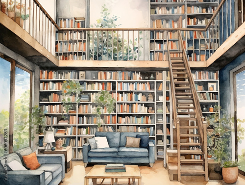 A Watercolor of a Modern and Organic Library in a Contemporary Home | Generative AI