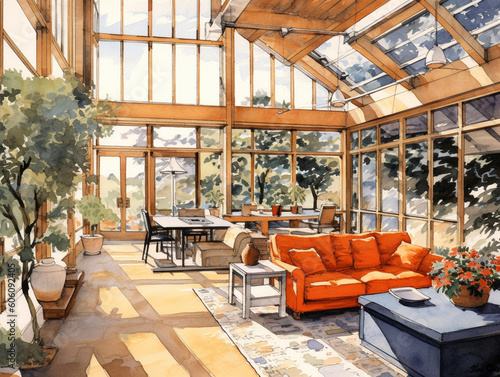 A Watercolor of a Modern and Organic Sun Room in a Contemporary Home | Generative AI