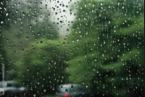 Ideal background of raindrops on the window, with a green backdrop, perfect for representing rainy days. Generative AI