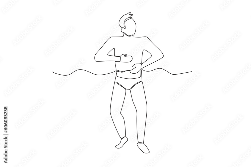 A man getting ready to swim on the beach. Swimming in beach one-line drawing A man getting ready to swim on the beach. Swimming in beach one-line drawing