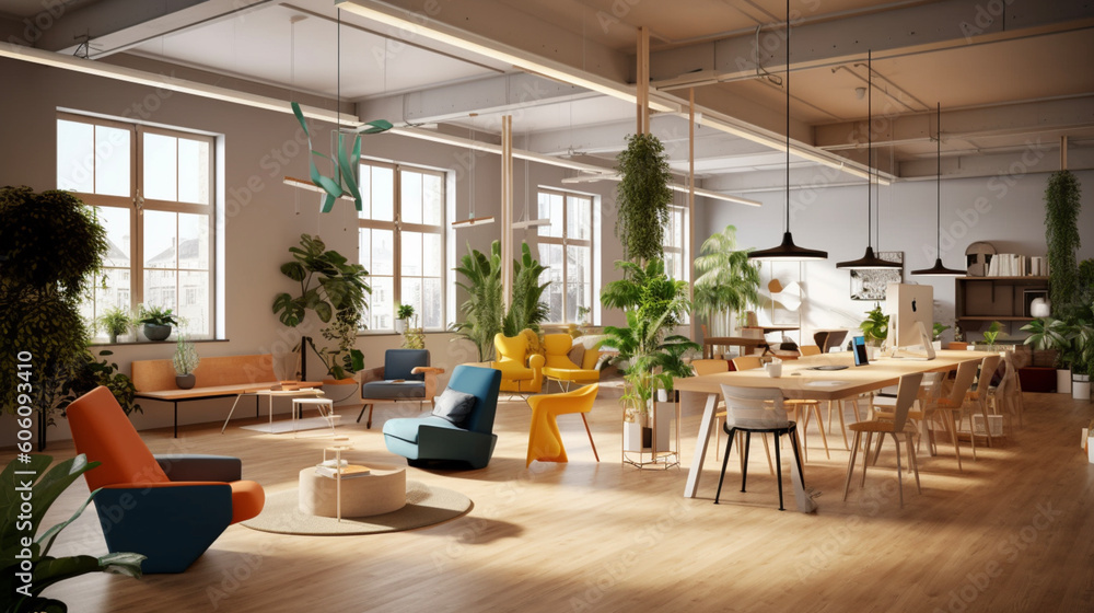 Scandinavian coworking office interior, Generative AI.