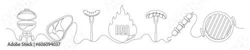 Set of continuous one line BBQ grill elements. Vintage BBQ grill elements isolated on a white background. Vector illustration