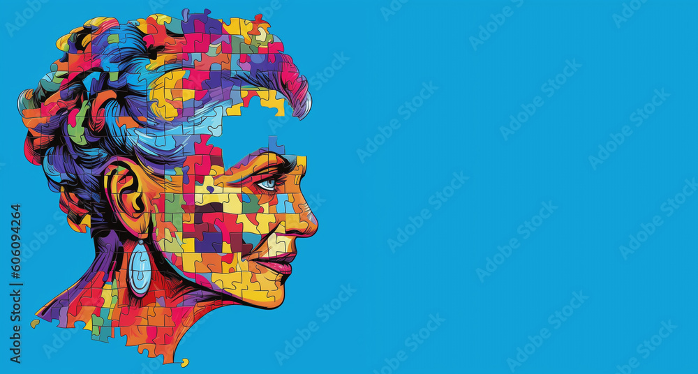 Puzzle with drawn human head on color background. Concept of dementia,  Created using generative AI tools.