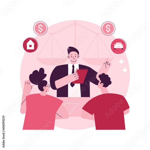 Divorce lawyer service abstract concept vector illustration. Family lawyer, divorce process, legal service consultation, law firm aid, child support, life estate deeds advice abstract metaphor.