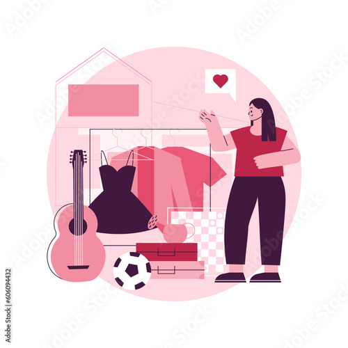 Garage sale abstract concept vector illustration. Flea market, second hand goods, garage selling day, vintage clothing give away, used inventory, yard pop up rummage sale abstract metaphor.