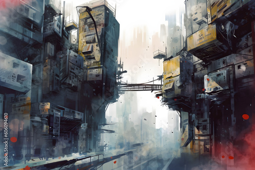 Futuristic cyberpunk dystopian city streets watercolour landscape