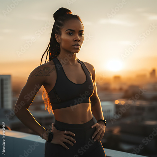 Confident afican american young woman wearing a sleek black sports bra - generative AI, AI generated photo