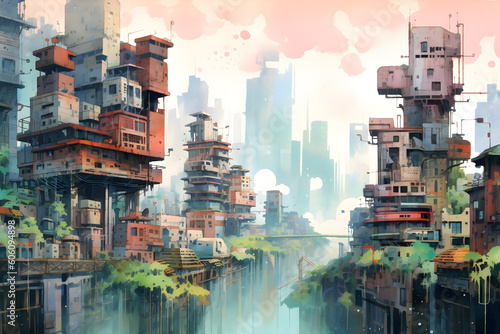 Futuristic city cyberpunk watercolour landscape, Generative AI