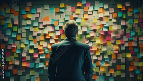 Successful businessman brainstorming ideas on sticky notes generated by AI