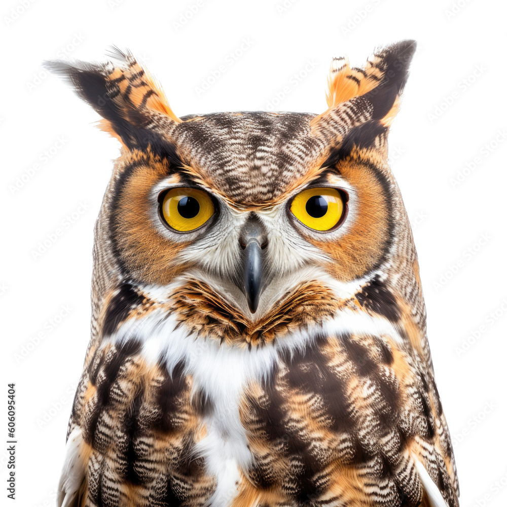 a Great-Horned Owl portrait, a nocturnal bird of prey, piercing eyes, Nature-themed, photorealistic illustrations in a PNG, cutout, and isolated. Generative AI a Great-Horned Owl portrait, a nocturnal bird of prey, piercing eyes, Nature-themed, photorealistic illustrations in a PNG, cutout, and isolated. Generative AI