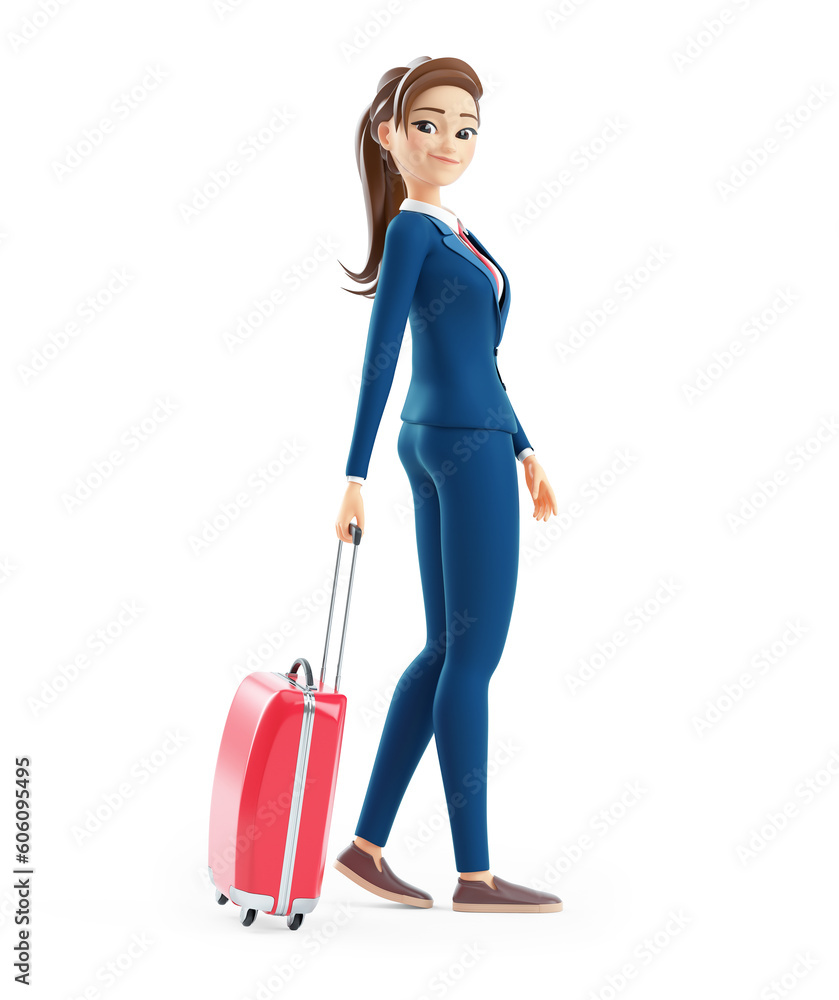 3d cartoon businesswoman walking with travel suitcase 3d cartoon businesswoman walking with travel suitcase