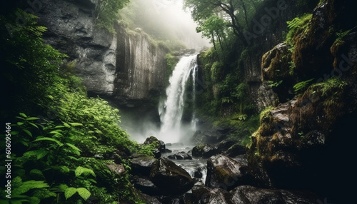 Tranquil scene of majestic waterfall in forest generated by AI
