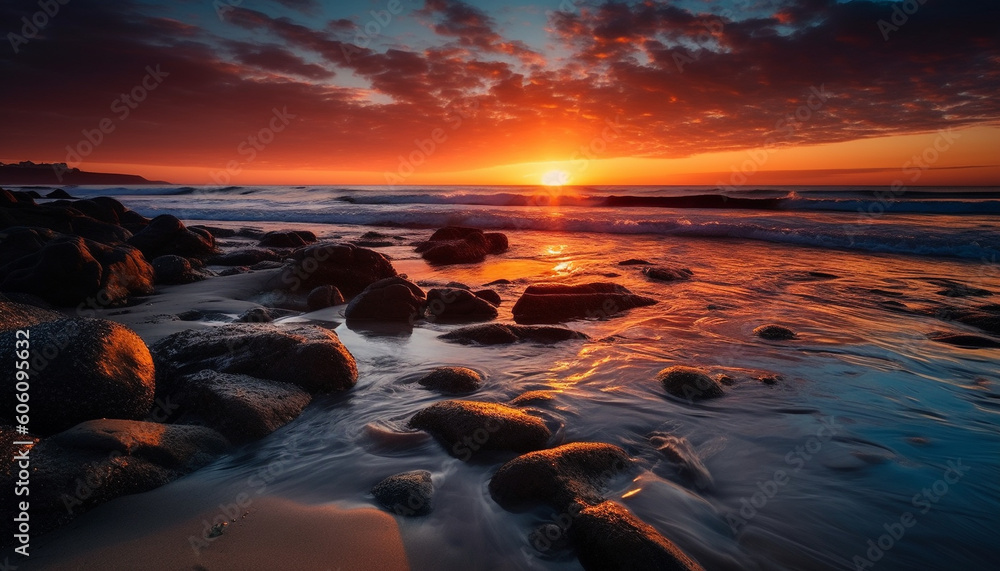 Tranquil sunset over rocky coastline, waves crash generated by AI