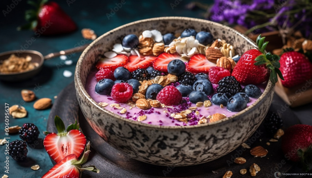 Fresh berry bowl blueberry, raspberry, strawberry, granola, yogurt generated by AI Fresh berry bowl blueberry, raspberry, strawberry, granola, yogurt generated by AI