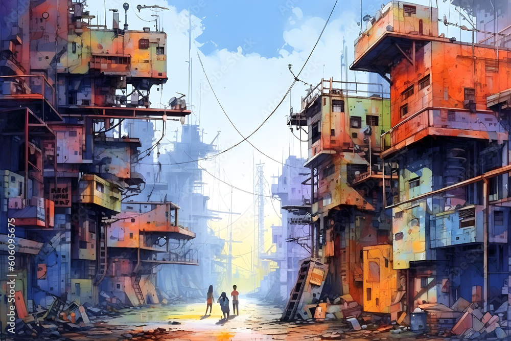 Colourful futuristic city buildings cyberpunk watercolour landscape