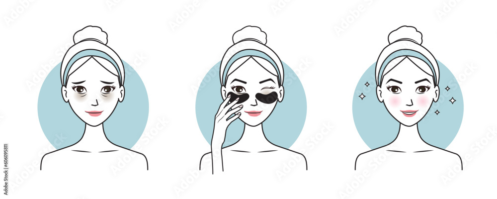 Direction for use eye mask treatment vector illustration isolated on white background. Cute woman apply eye patches to treat under eye bags, reduce dark circles, puffiness, dryness, crow feet lines. Direction for use eye mask treatment vector illustration isolated on white background. Cute woman apply eye patches to treat under eye bags, reduce dark circles, puffiness, dryness, crow feet lines.