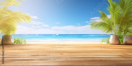 Empty wooden table and palm leaves with party on beach blurred background in summer time.ai generative