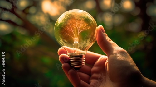 A small tree planted in an energy-saving light bulb, holding by a hand, green energy. Generative AI