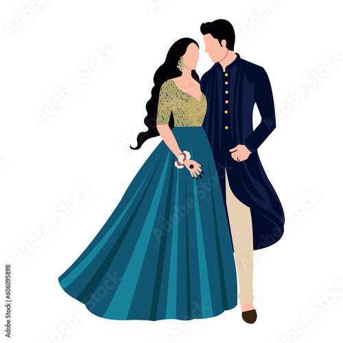Vector vector cute indian couple cartoon in traditional dress posing for wedding invitation card design	