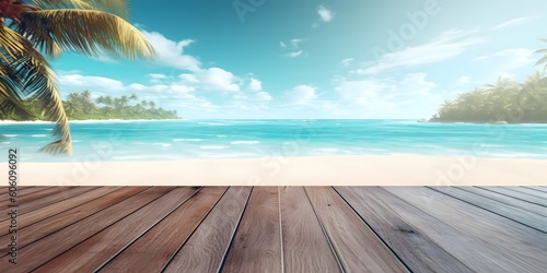 Empty wooden table and palm leaves with party on beach blurred background in summer time.ai generative