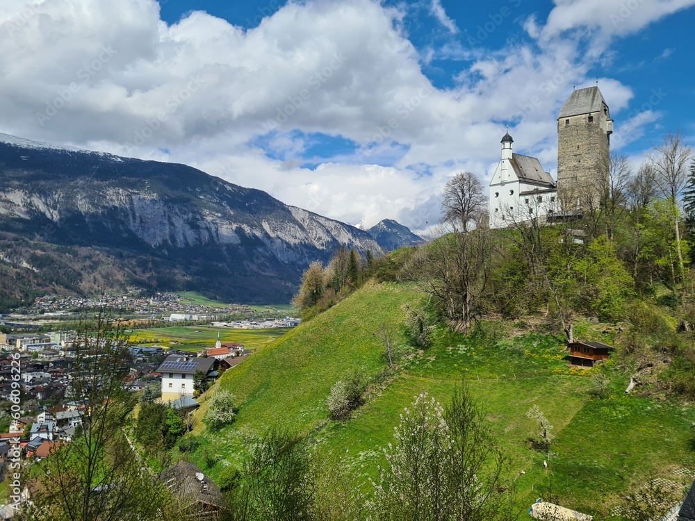 Medieval castle in Austria / Tirol. Castle Feundsberg in Schwaz  on a sunny spring day in April with blue sky