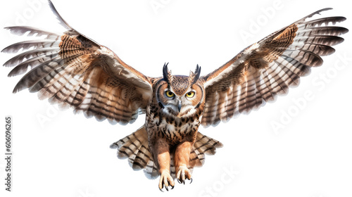 a Great-Horned Owl, in flight, front view, a nocturnal bird of prey, piercing eyes, Nature-themed, photorealistic illustrations in a PNG, cutout, and isolated. Generative AI