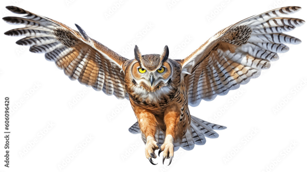 a Great-Horned Owl, in flight, front view, a nocturnal bird of prey, piercing eyes, Nature-themed, photorealistic illustrations in a PNG, cutout, and isolated. Generative AI a Great-Horned Owl, in flight, front view, a nocturnal bird of prey, piercing eyes, Nature-themed, photorealistic illustrations in a PNG, cutout, and isolated. Generative AI