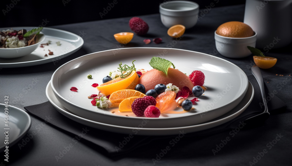 Healthy gourmet meal berry salad with citrus slice generated by AI
