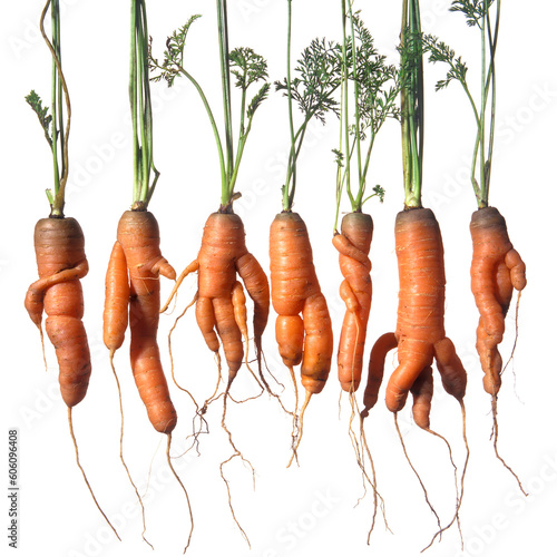 Variety of deformed carrots hanging against white background