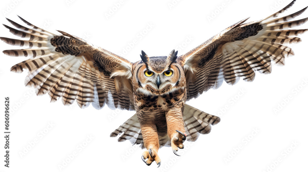 a Great-Horned Owl, in flight, front view, a nocturnal bird of prey, piercing eyes, Nature-themed, photorealistic illustrations in a PNG, cutout, and isolated. Generative AI a Great-Horned Owl, in flight, front view, a nocturnal bird of prey, piercing eyes, Nature-themed, photorealistic illustrations in a PNG, cutout, and isolated. Generative AI