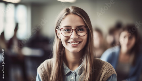 Young women studying in classroom, smiling confidently generated by AI