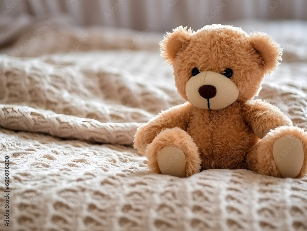 Cozy Companion: Soft Toy Nestled on a Child's Bed