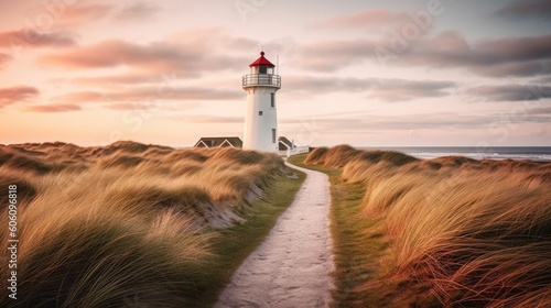 Lighthouse near the North Sea coast. Generative AI photo