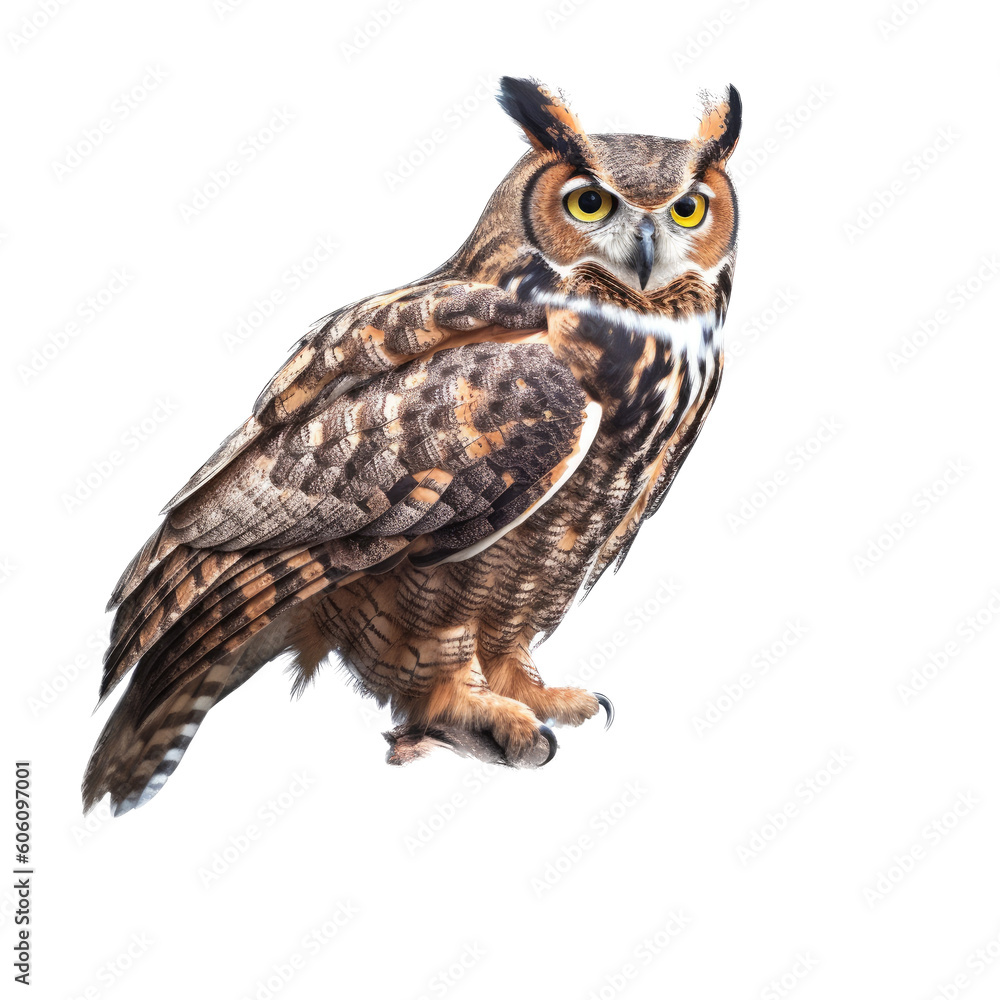 a Great-Horned Owl sitting, full body portrait, a nocturnal bird of prey, piercing eyes, Nature-themed, photorealistic illustrations in a PNG, cutout, and isolated. Generative AI a Great-Horned Owl sitting, full body portrait, a nocturnal bird of prey, piercing eyes, Nature-themed, photorealistic illustrations in a PNG, cutout, and isolated. Generative AI