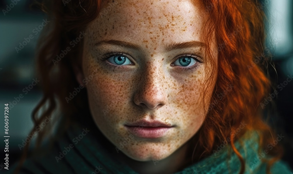 Beautiful red haired irish girl with blu eyes, red hair and lots of freckles, generative AI Beautiful red haired irish girl with blu eyes, red hair and lots of freckles, generative AI