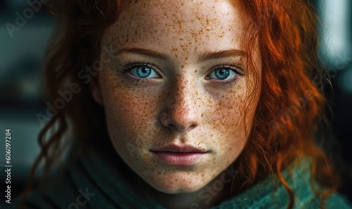 Beautiful red haired irish girl with blu eyes, red hair and lots of freckles, generative AI
